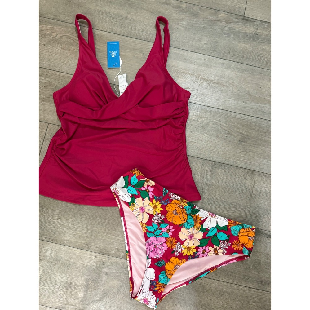 Cupshe Magenta Pink Wrap Tankini Set Floral Bottoms DAA12D4L050DD Large NWT